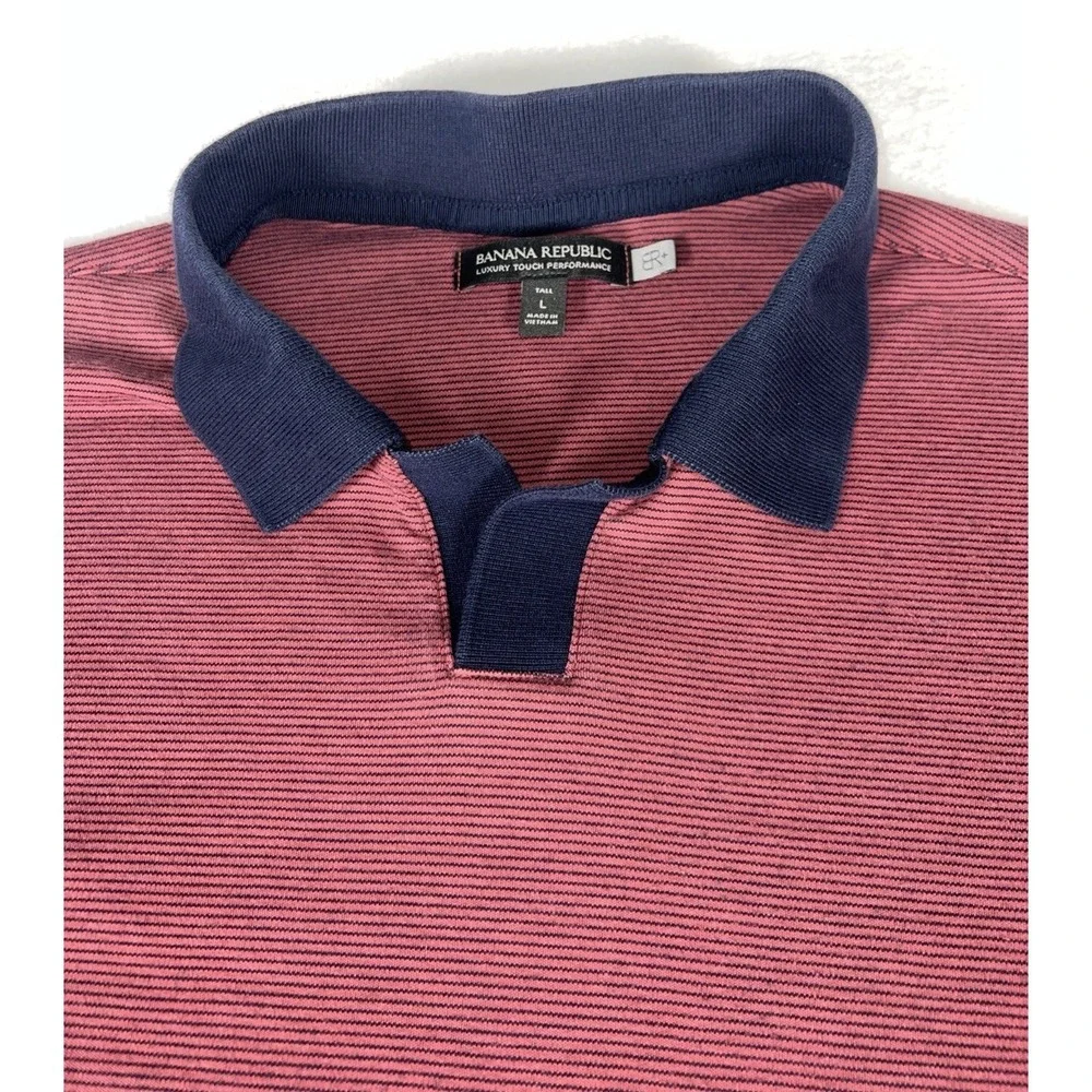 Banana Republic Luxury Touch Polo Shirt Mens L Tall Red Navy Striped Cotton